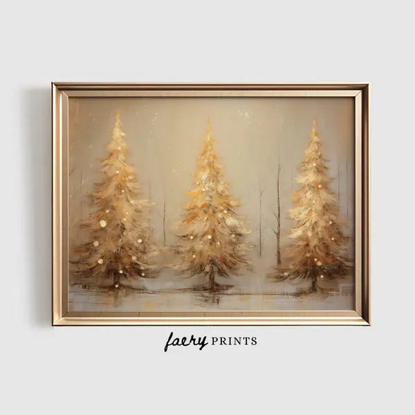 Gold Christmas Trees Art Print, Glittery Holiday Decor