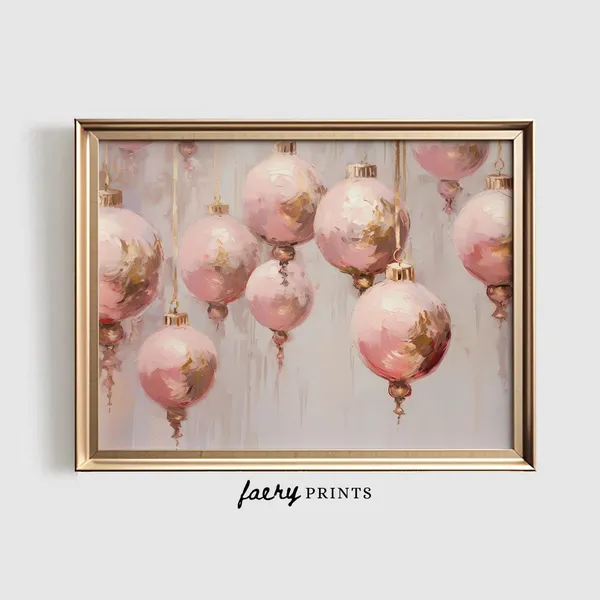 Pink Ornaments Christmas Art Print, Pastel Holiday Decor