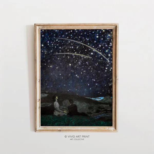 Shooting Stars Night Sky, Vintage Wall Art Print