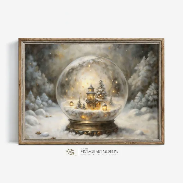 Enchanted Snow Globe Christmas Scene, Vintage Winter Art Print