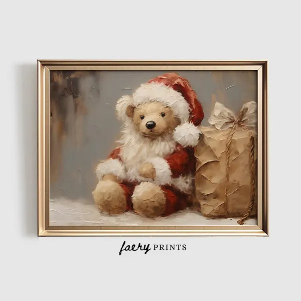 Christmas Teddy Bear Holiday Art Print, Vintage