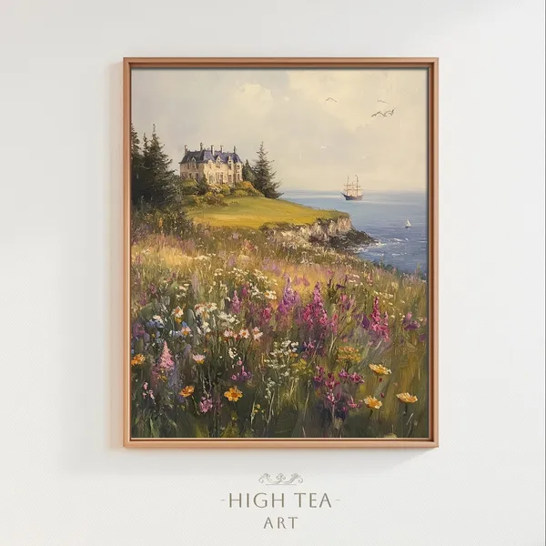 Vintage Old English Manor Edge Cliff Oil Painting Art Print