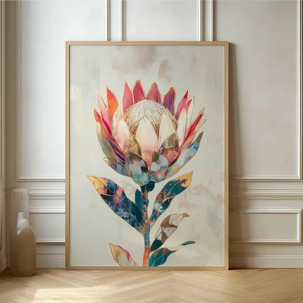 Gold Inlay Protea Flower Art Print, Abstract Botanical