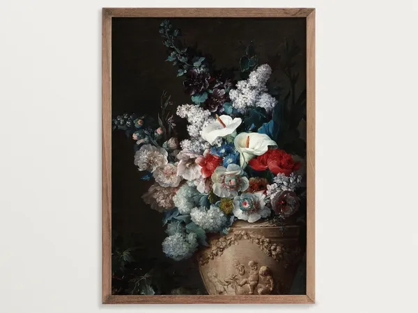 Dark Flower Still Life, Modern Antique Art Print