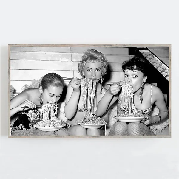 Women Eating Pasta, Vintage Black And White Print