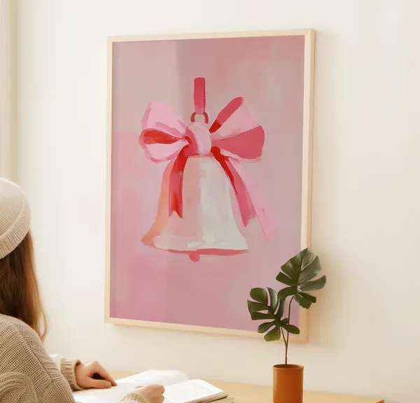 Pink Christmas Bells Festive Holiday Wall Art Print