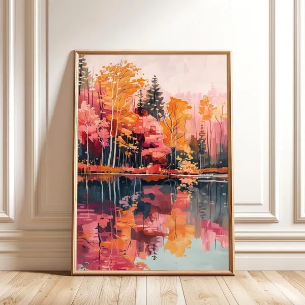 Colorful Autumn Forest Lake Painting, Landscape Art Print