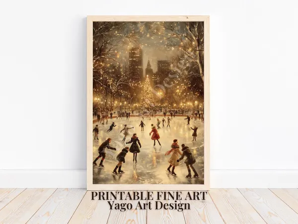 Vintage Ice Skating in Park Art Print, Holiday Decor
