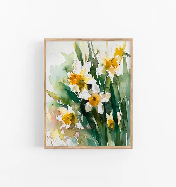 Daffodils Watercolor Art Print, Meadow Florals