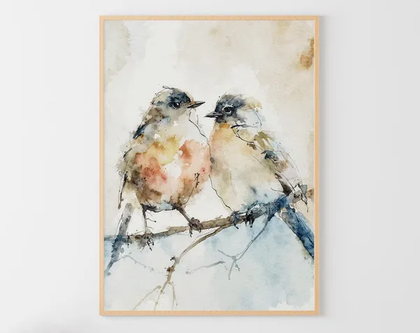 Chickadee Couple Birds Watercolor Art Print, Neutral