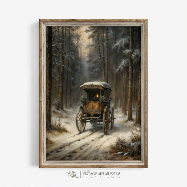 Snowy Forest With Antique Carriage, Vintage Art Print
