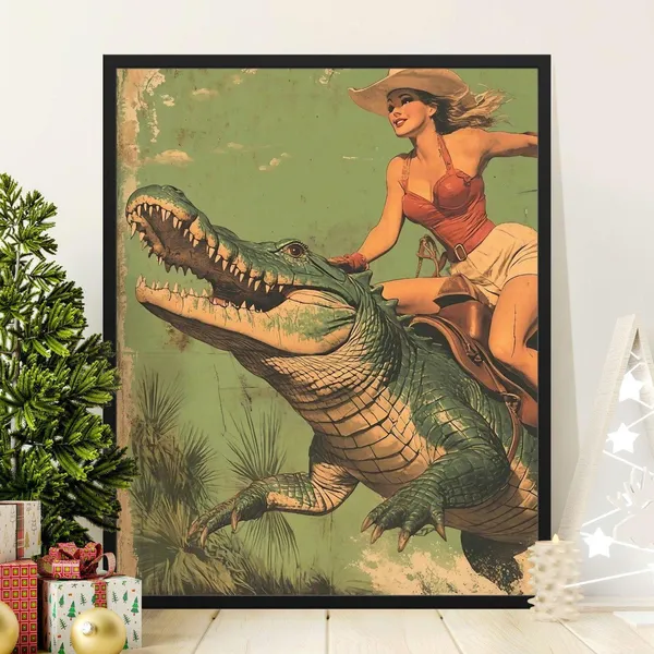 Vintage Cowgirl Riding Alligator Art Print, Retro Western