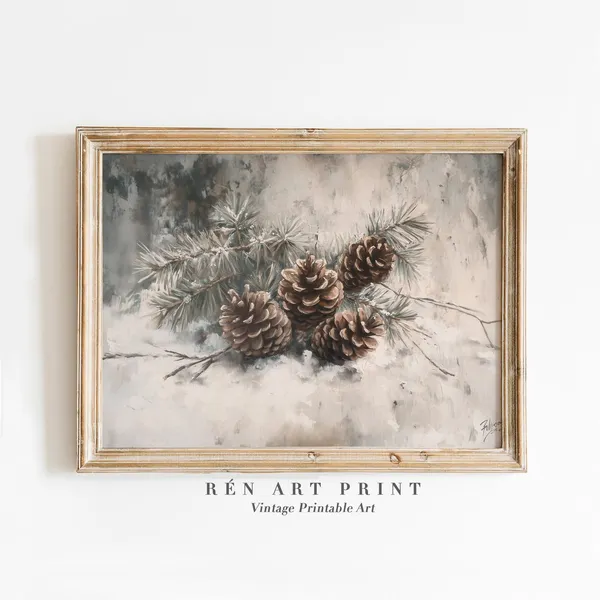 Antique Winter Pine Cone Painting, Rustic Holiday Print
