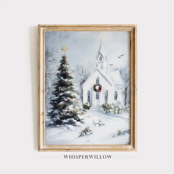 Snowy Christmas Church And Tree Holiday Art Print