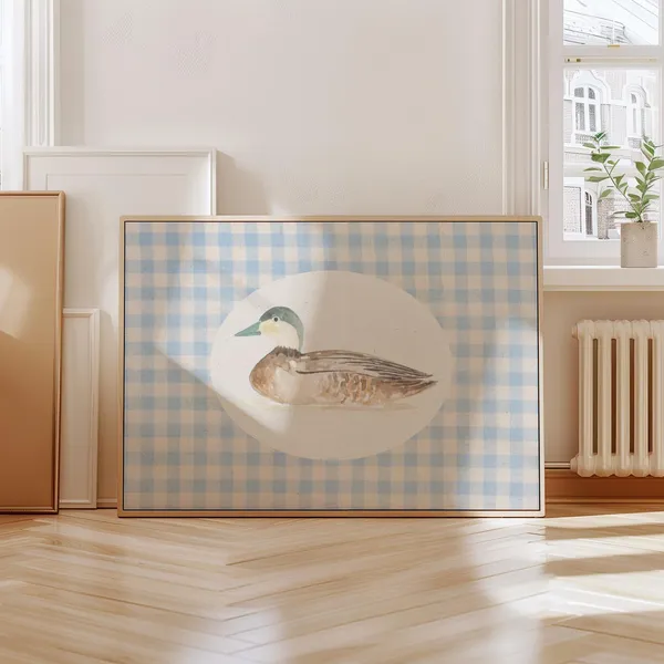 Blue Gingham Mallard Duck Art Print, Cottage Core Decor