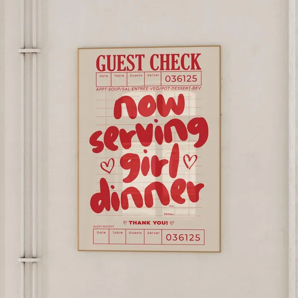 Cute Cooking Guest Check Art Print, Red Girl Dinner