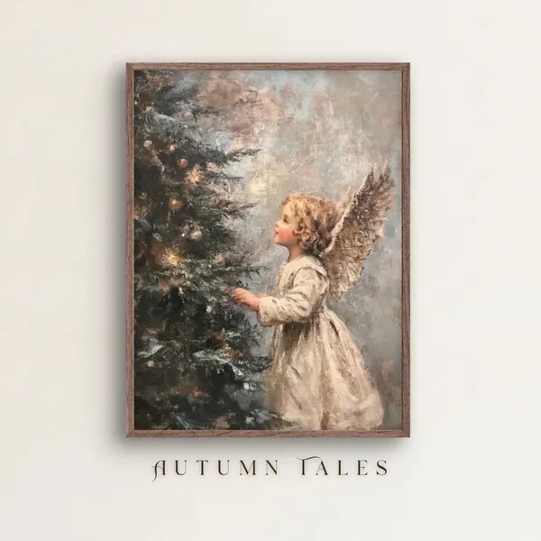 Vintage Angelic Child And Christmas Tree Art Print