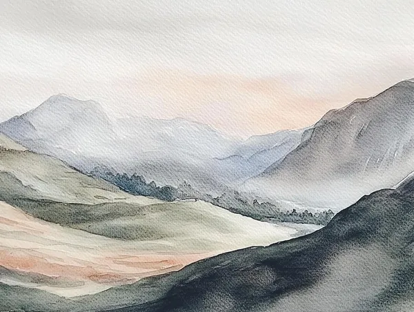 Misty Mountains Watercolor Art Print, Mountain Valley
