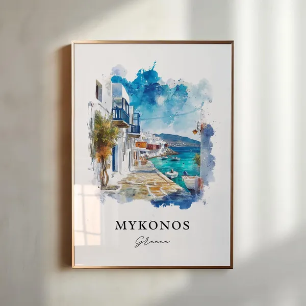 Mykonos Travel Poster, Watercolor Greece Print