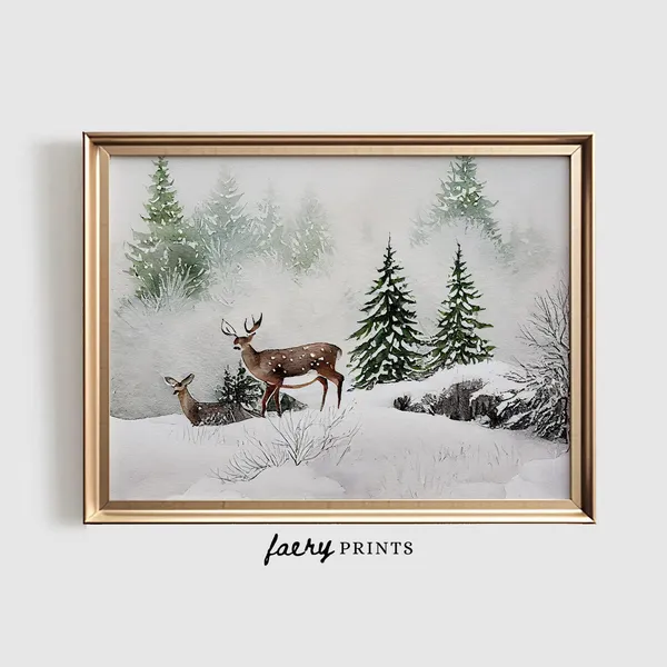 Watercolor Christmas Deer In Forest Art Print