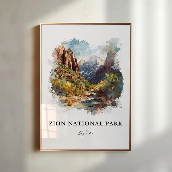 Zion National Park Watercolor Travel Poster, Utah