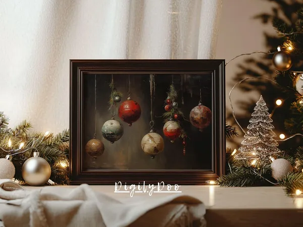Vintage Christmas Ornament Art Print, Rustic Farmhouse Decor