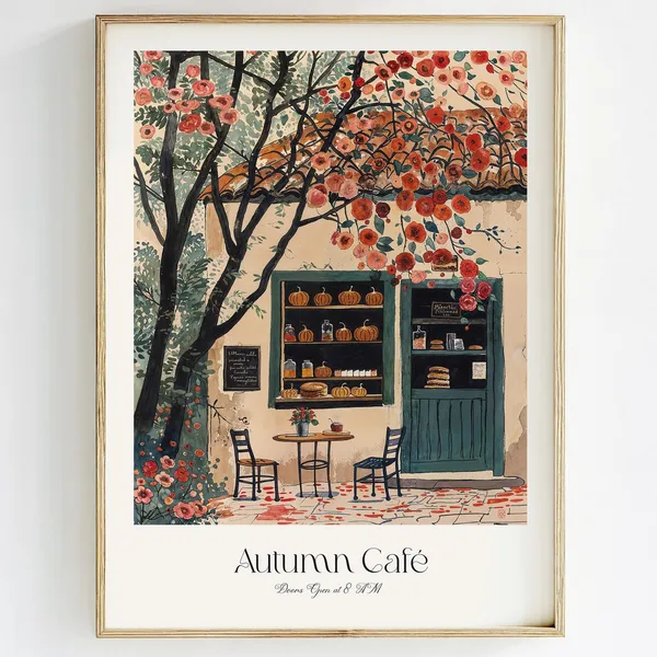 Fall Cafe Bakery Art Print, Parisian Watercolor Vintage
