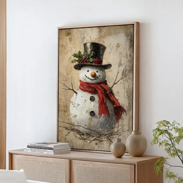 Vintage Snowman Farmhouse Christmas Wall Art Print