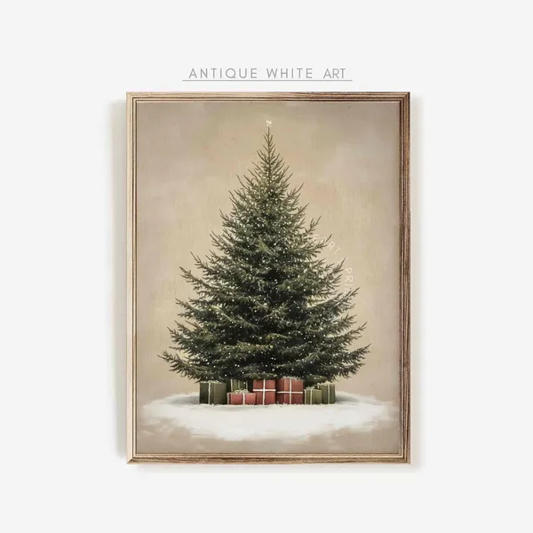 Christmas Tree Neutral Winter Art Print, Rustic Vintage