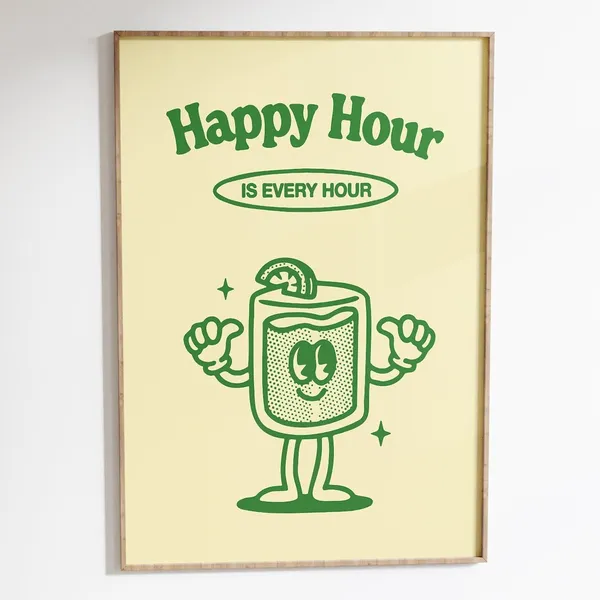 Happy Hour Retro Quote Poster, Bar Decor