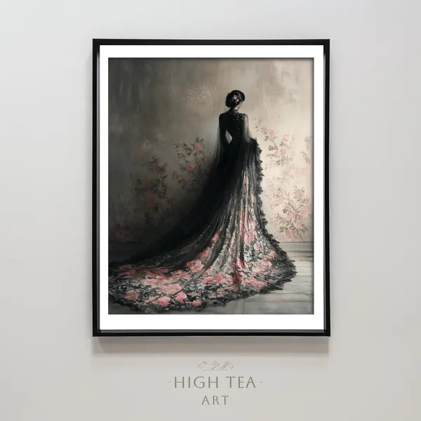 Vintage Black Pink Gown Floral Pattern Art Print