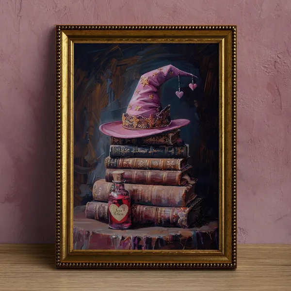 Pink Witch Hat and Books Halloween Poster, Dark Academia