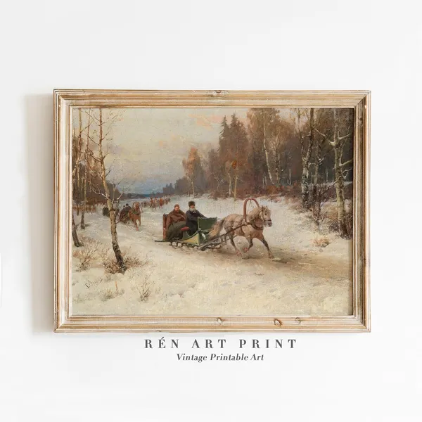 Vintage Sleigh Riding Print, Winter Landscape