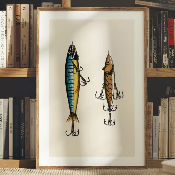 Retro Fishing Lures Print, Vintage Cabin Wall Decor