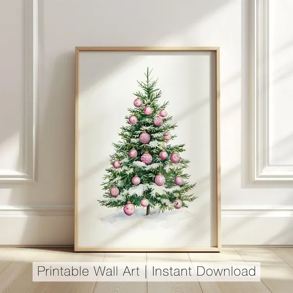 Pink Christmas Tree Watercolor Holiday Art Print