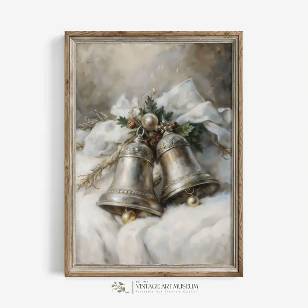 Two Silver Christmas Bells, Cozy Vintage Winter Print