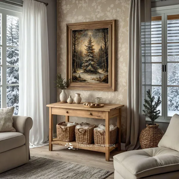 Christmas Tree In Dark Forest, Vintage Art Print