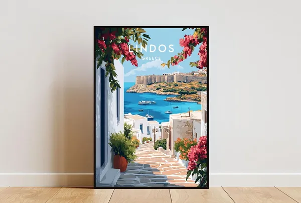 Lindos Travel Poster, Greece Europe Wall Art