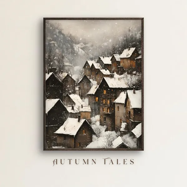 Moody Vintage European Village Art Print, Winter Decor