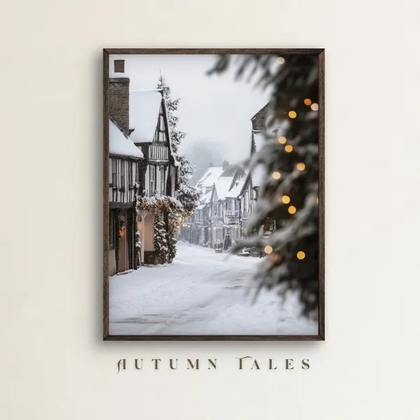 Old English Village Christmas Art Print, Winter Town