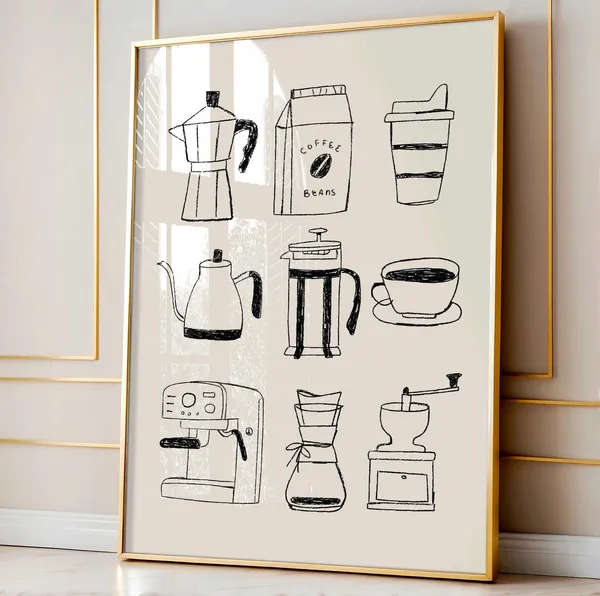 Hand Drawn Coffee Bar Kitchen Wall Art Print