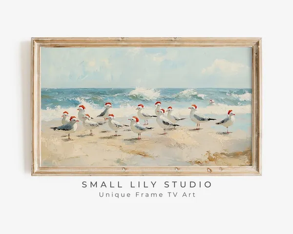 Seagulls in Santa Hats on Beach, Coastal Christmas Art Print
