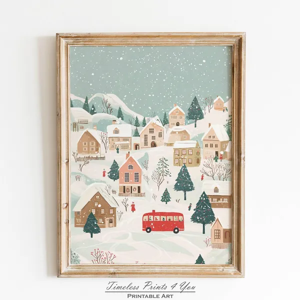 Christmas Village Winter Painting Art Print, Town Scene