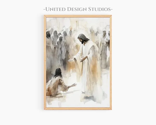 Jesus Helping a Woman Watercolor Christian Art Print