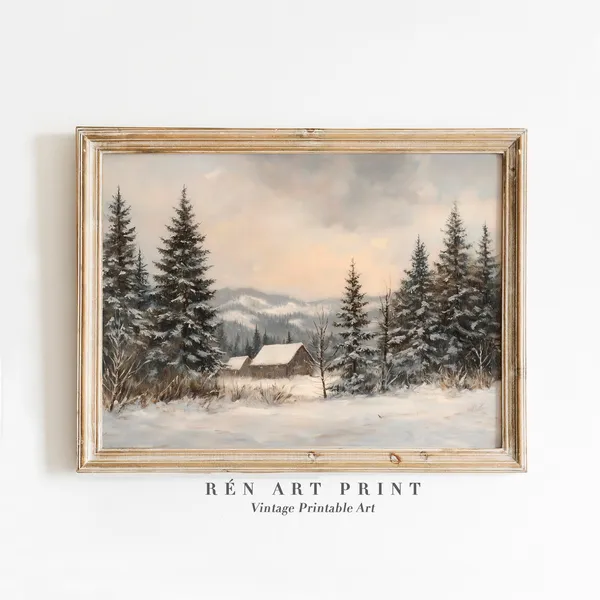 Vintage Winter Print, Rustic Christmas Landscape