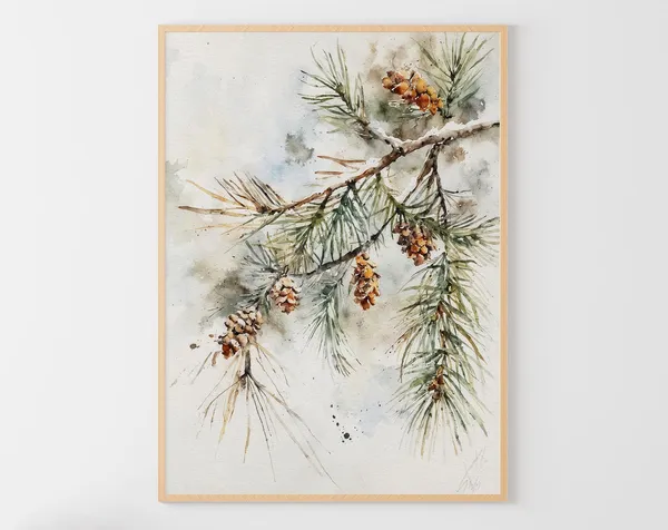 Pine Branch and Pine Cone Watercolor Art Print