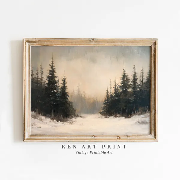 Winter Pine Forest Vintage Christmas Art Print
