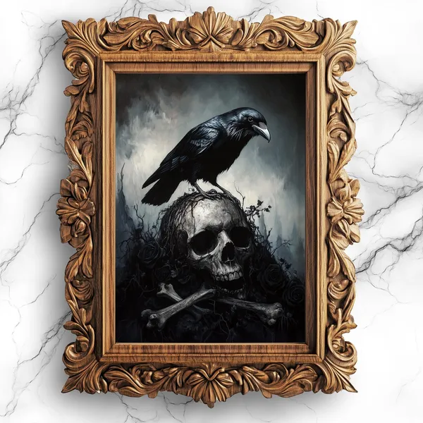 Gothic Crow and Skull With Black Roses Art Print