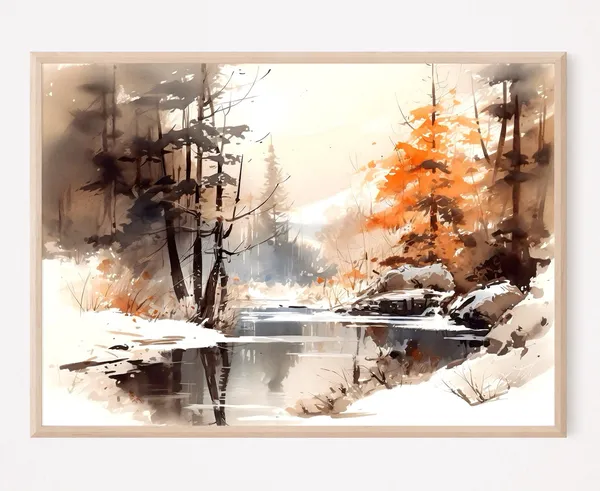 Winter Forest Lake Mountain Watercolor Art Print
