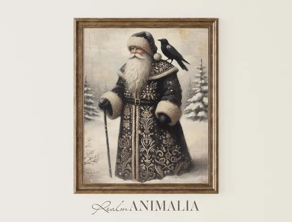 Vintage Santa and Crow Art Print, Antique Style